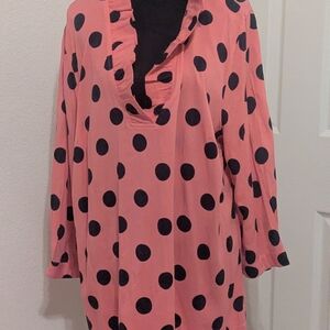 Crown & Ivy Polka Dot Blouse Women’s 1X Coral Pink Ruffle Neck NWT
